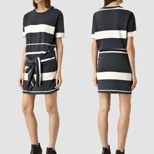 All Saints Chan Cream & Black Stripe Cotton Sweatshirt Mini Dress Tie Waist S